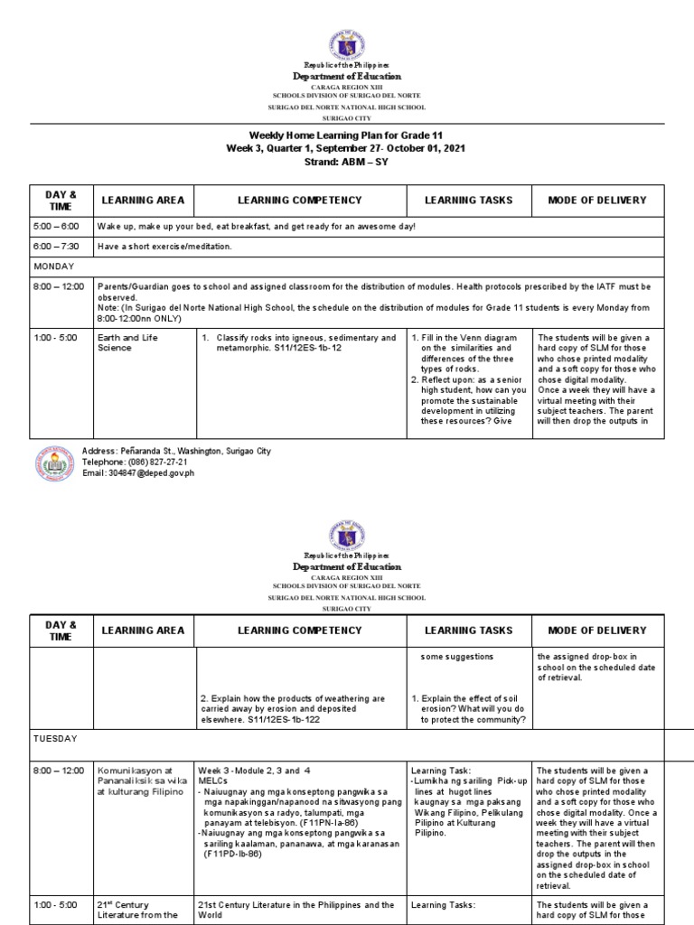Weekly Home Learning Plan For Grade 11 Week 3, Quarter 1, September 27 ...
