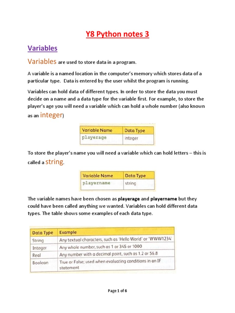 Y8 Python Notes 3 Variables Pdf Variable Computer Science Data