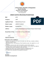 Admit Card For Electrician Permit Exam: Government of The People's Republic of Bangladesh Power Division