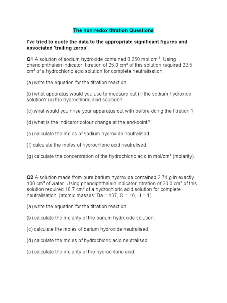 Titration Questions and Answers PDF Titration Chemistry