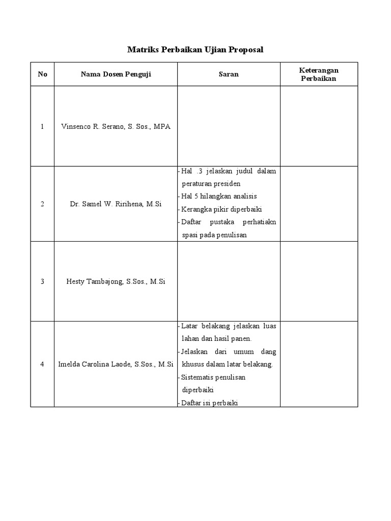 Matriks Perbaikan Ujian Proposal | PDF