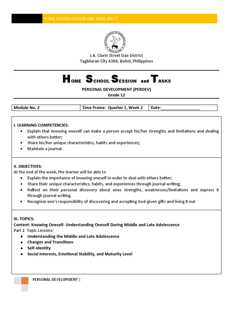 H S S T Personal Development Perdev Grade 12 Module No 2 Time Frame ...