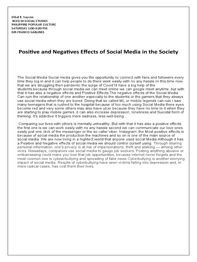 Positive and Negatives Effects of Social Media in The Society | PDF ...