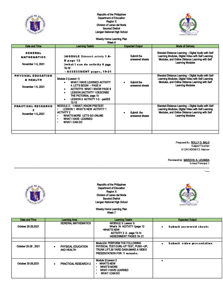 Weekly Home Learning Plan - Week 8 | PDF | Distance Education ...