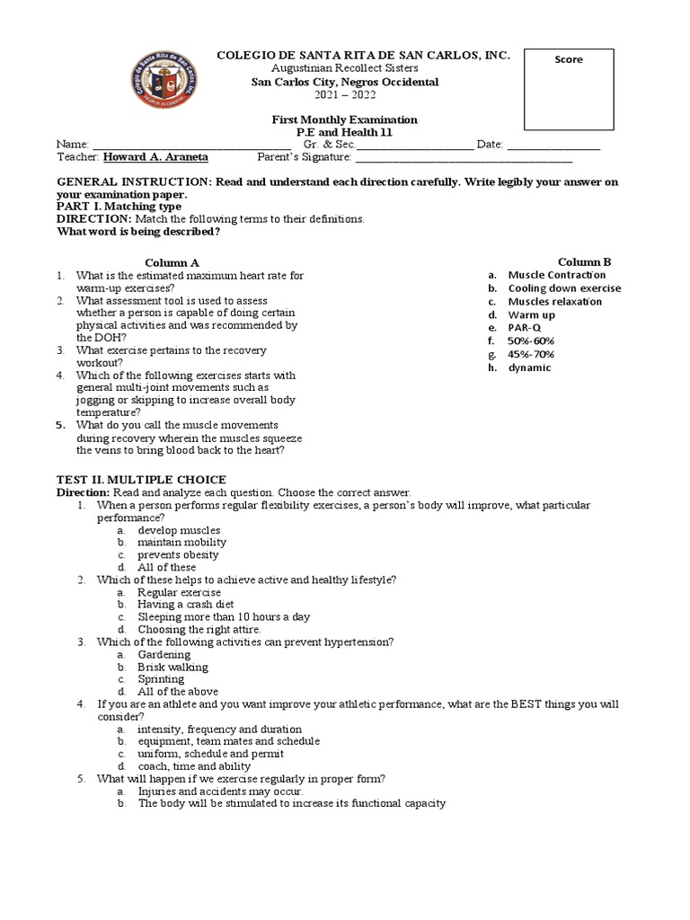 GRADE 11 PE and HEALTH 1st Monthly Examination | PDF | Weight Training ...