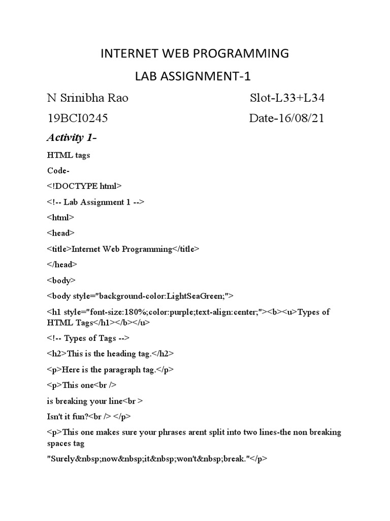 Internet Web Programming Lab Assignment-1 | PDF | Html Element | Html
