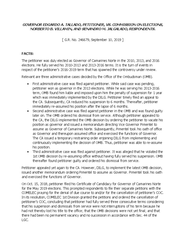 Case Digest Tallado v. Comelec PDF United States Law