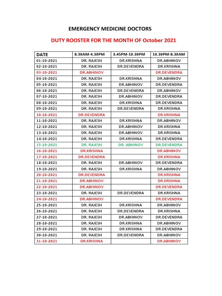 October 2021 Duty Roster for Doctors | PDF | Foreign Language Studies ...