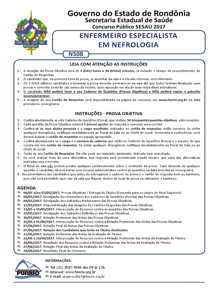 Funrio 2017 Sesau Ro Enfermeiro Especialista em Nefrologia Prova | PDF ...