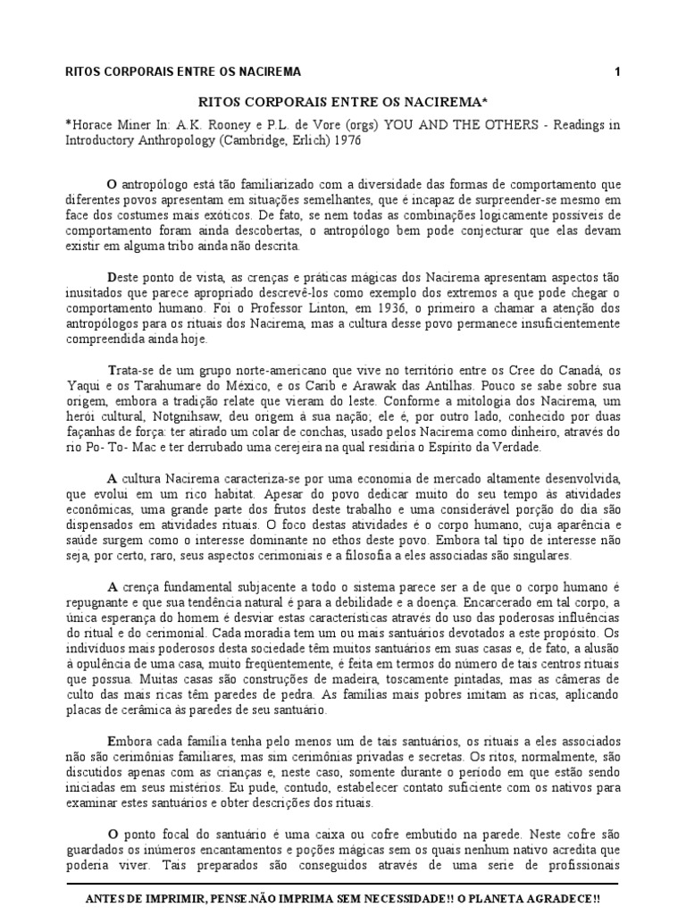 MINER, Horace. Ritos Corporais Entre Os Nacirema | PDF | Rituais | Humano