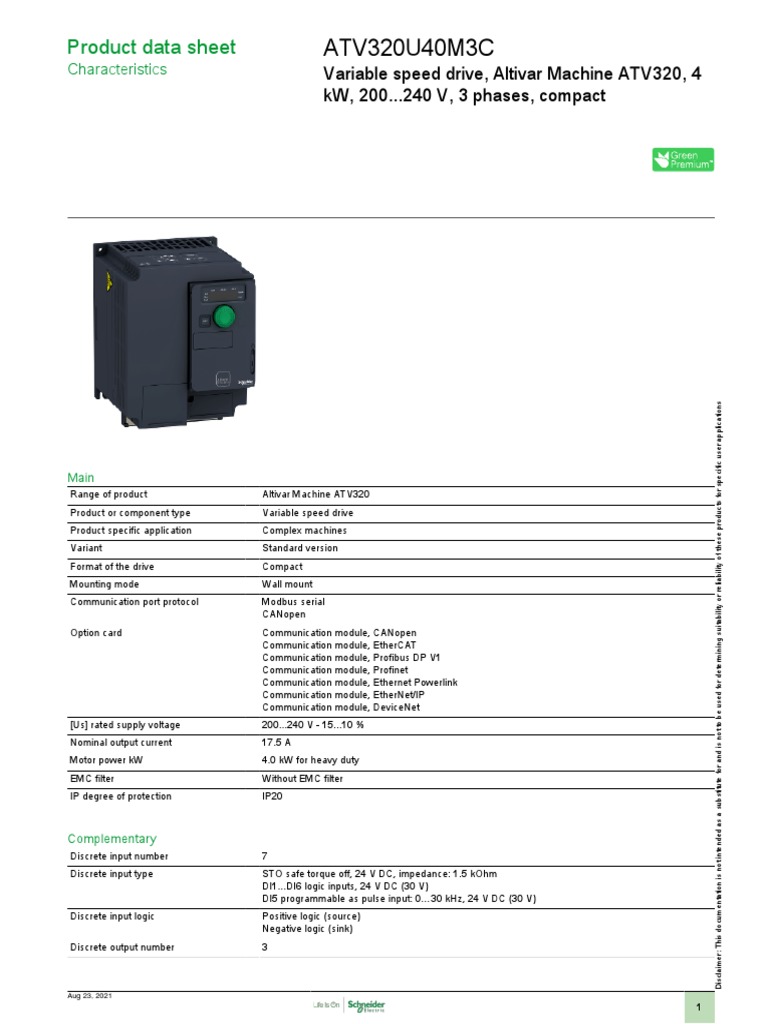 ATV320U40M3C Variable Speed Drive | PDF | Relay | Electric Motor