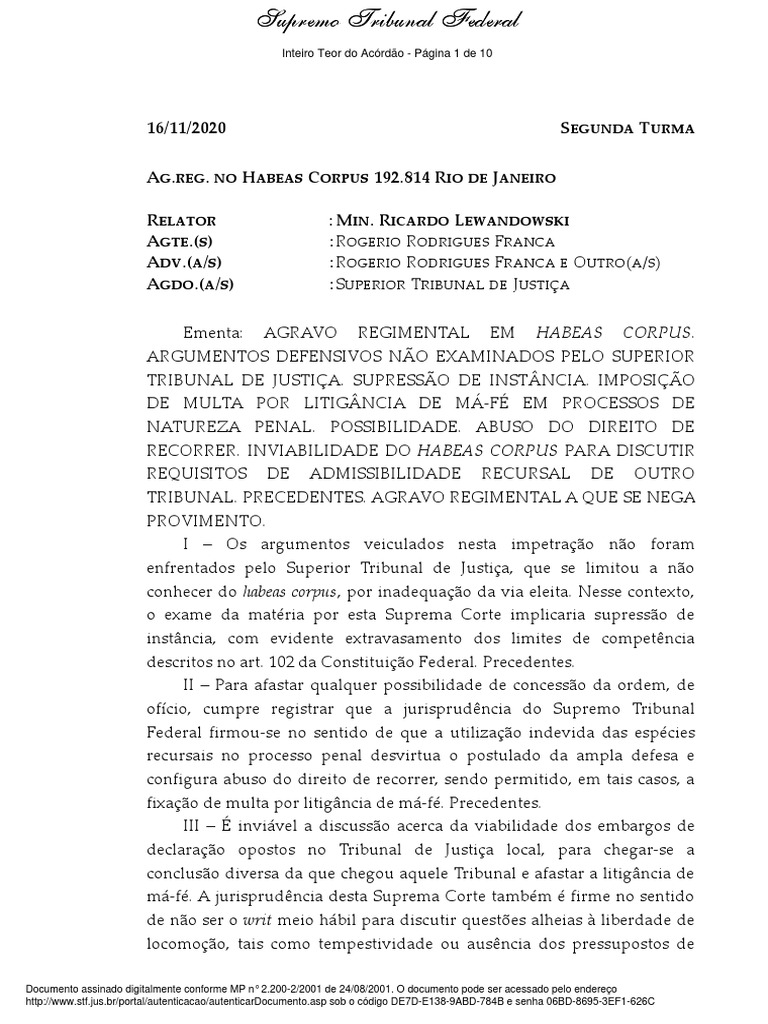 Multa por Litigância de Má-Fé em HC | PDF | Habeas corpus ...