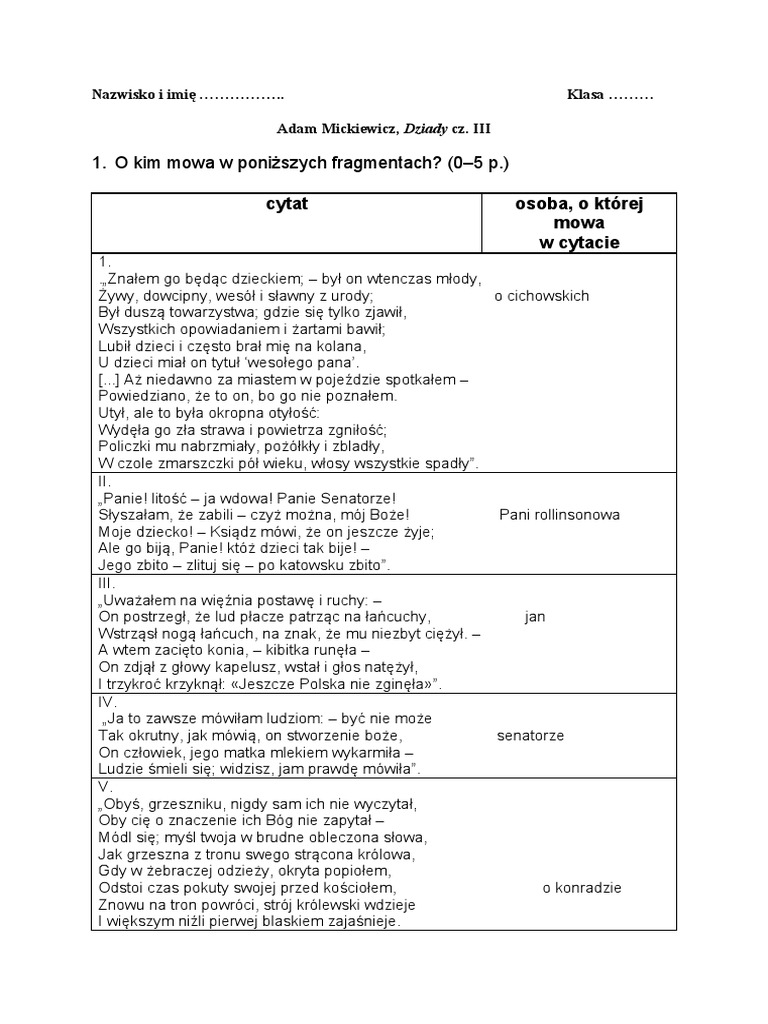 Dziady Cz 2 Test Szczegółowy 3 Dziady Test | PDF