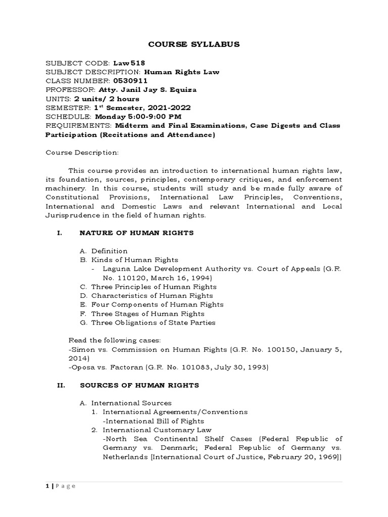 Human Rights Law Course Syllabus | PDF | Human Rights | International ...