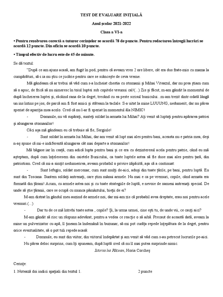 TEST DE EVALUARE INIŢIALĂ, A VI - A | PDF