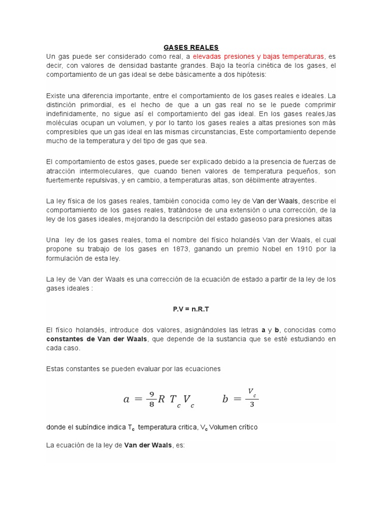Comportamiento de Gases Reales y Ideales | PDF | Gases | Temperatura