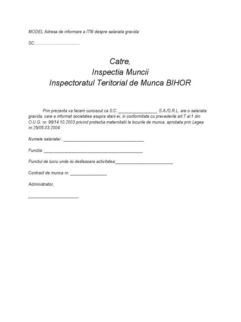 MODEL Adresa de Informare A ITM Despre Salariata Gravida | PDF