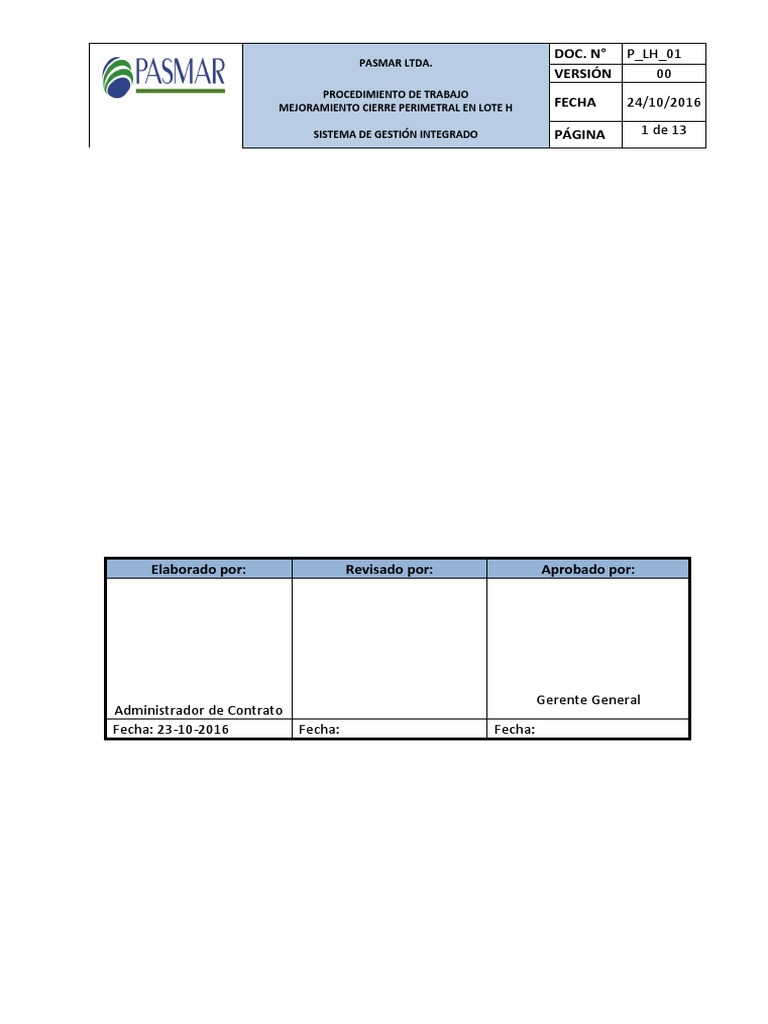 Procedimiento Mejoramiento Cierre Perimetral Lote H | PDF | Planificación
