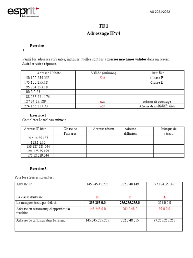 Adresses IP et Classes Réseau 2021-2022 | PDF | Adresse IP | Multidiffusion