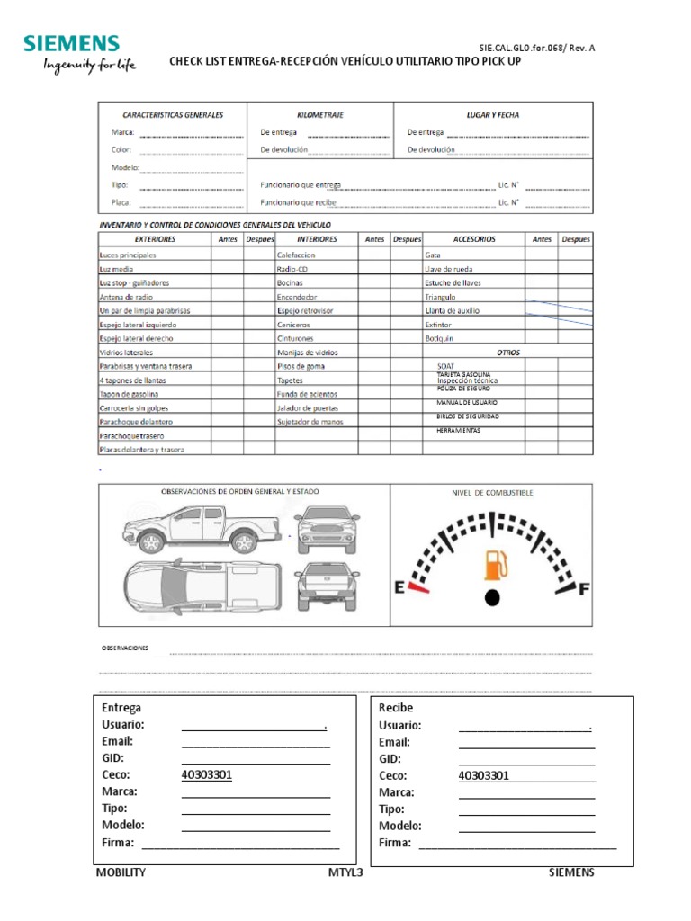 Sie - Cal.glo - For.068 - A - Check List Entrega-Recepcion Vehiculo ...