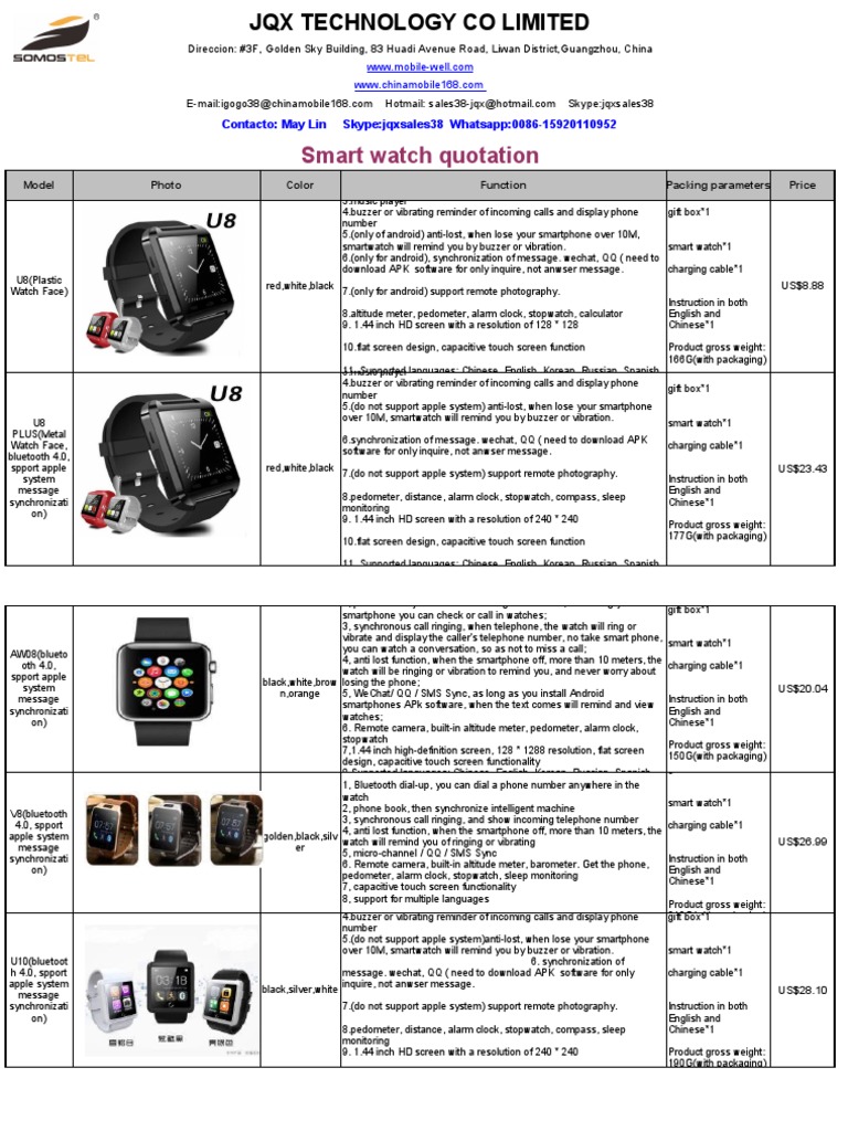 Smart Watch Price List From JQXMAY 20151216 PDF Smartwatch Mobile Phones
