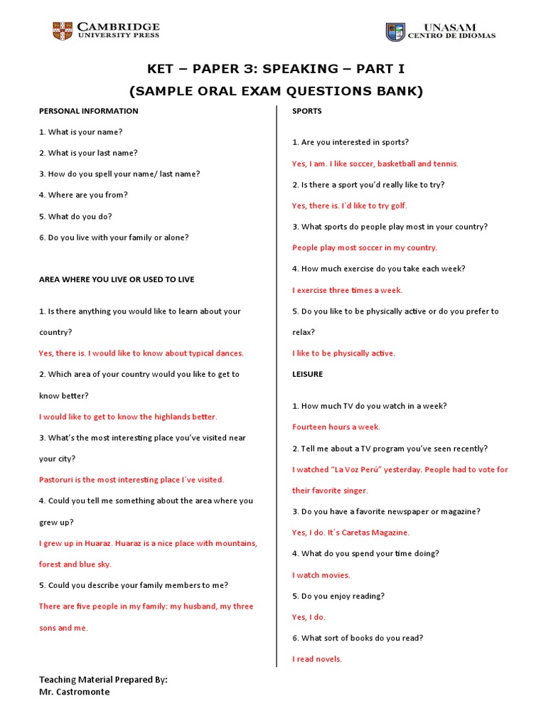 KET Speaking Test Sample Questions | PDF | Test (Assessment) | Sports