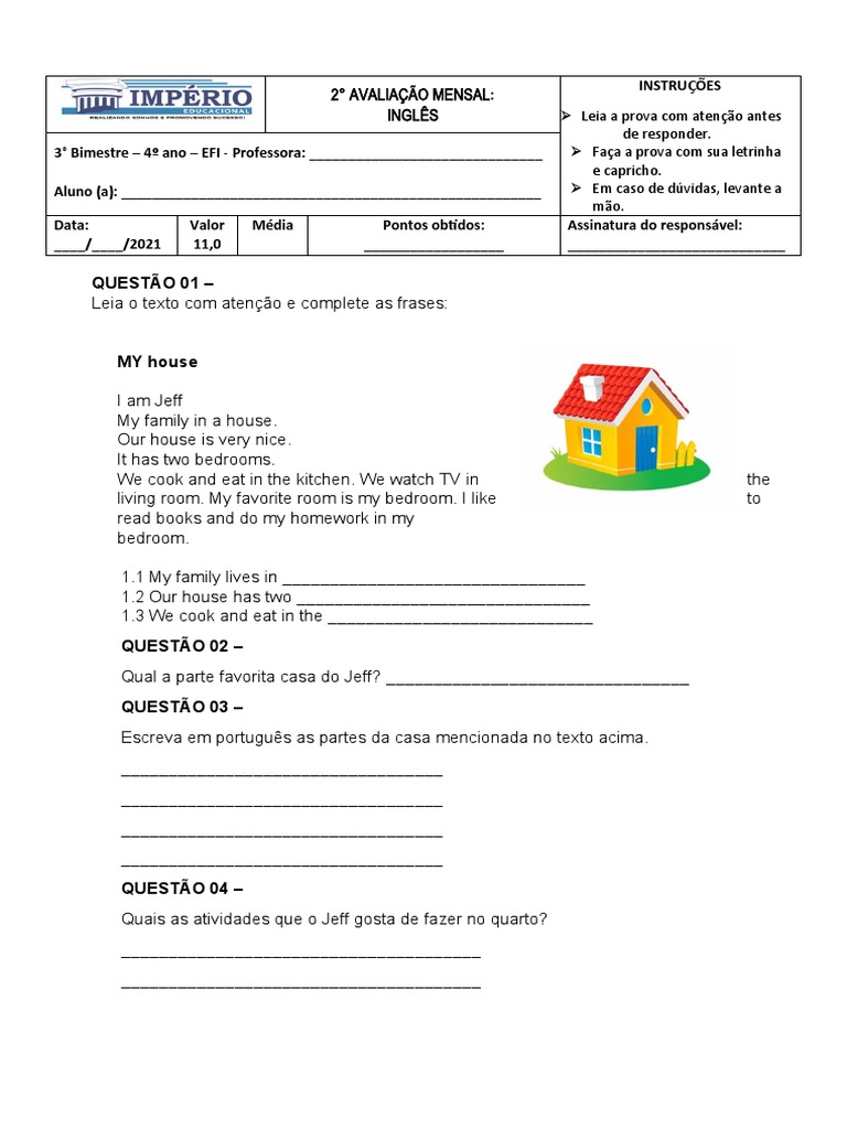 2° Avaliação de Inglês 4° Ano 3° Bimestre | PDF