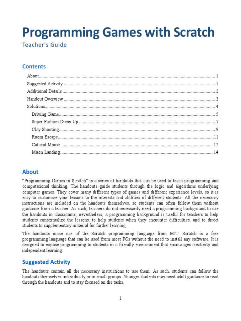 Programming Games With Scratch: Teacher's Guide | PDF | Scratch ...