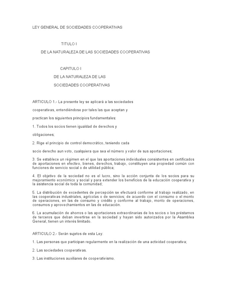 Ley General de Sociedades Cooperativas | PDF | Cooperativa | Sociedad ...