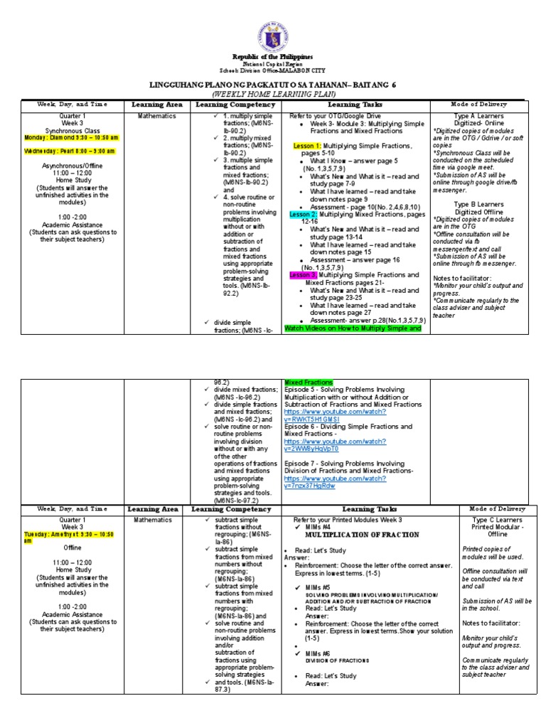 Week 3 Home Learning Plan for Grade 6 | PDF | Multiplication | Online ...