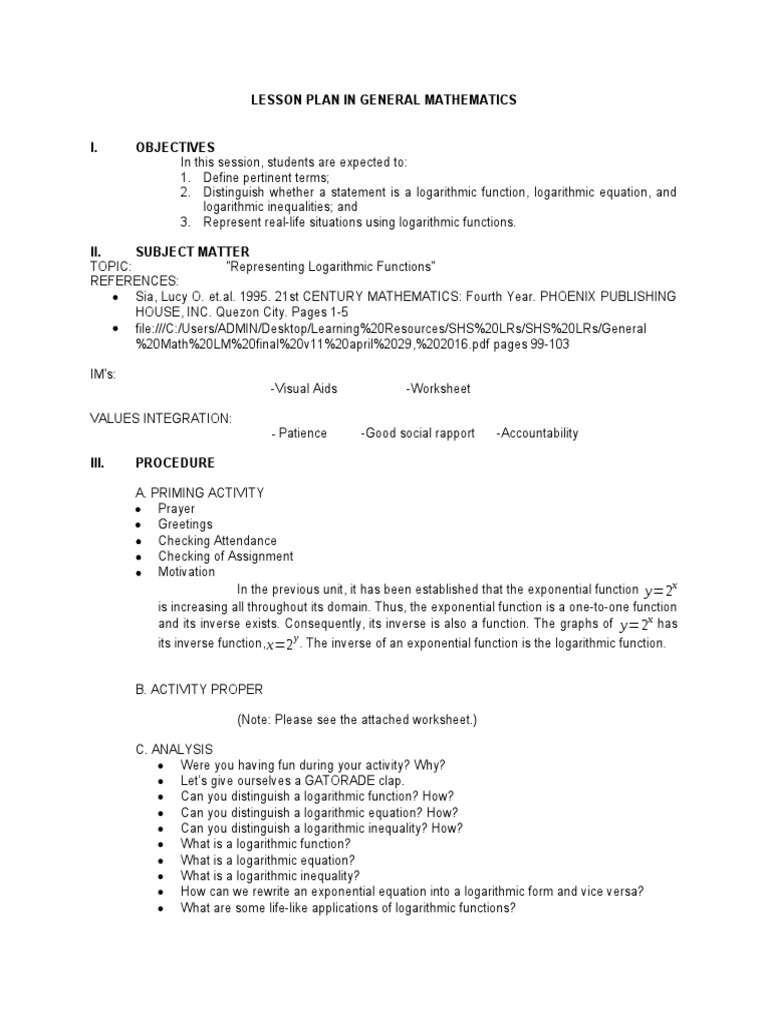 Lesson Plan MATH1 PDF Function (Mathematics) Logarithm