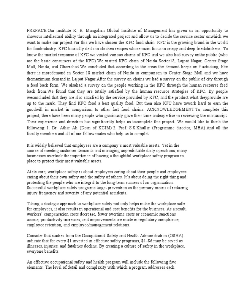 KFC PDF Occupational Safety And Health Human Resource Management