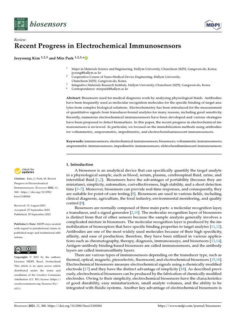 Biosensors Recent Progress in Electrochemical Immunosensors PDF Biosensor Materials