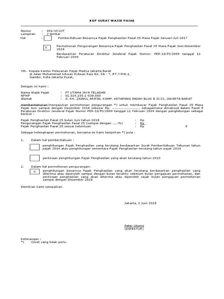 Surat Permohonan Pengurangan PPH 25 PT UJT | PDF