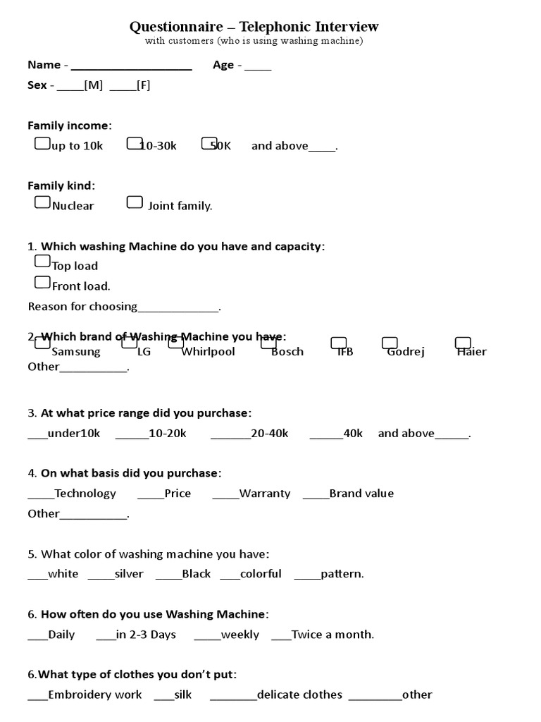 Questionnaire - Telephonic and Stores | PDF | Washing Machine | Brand