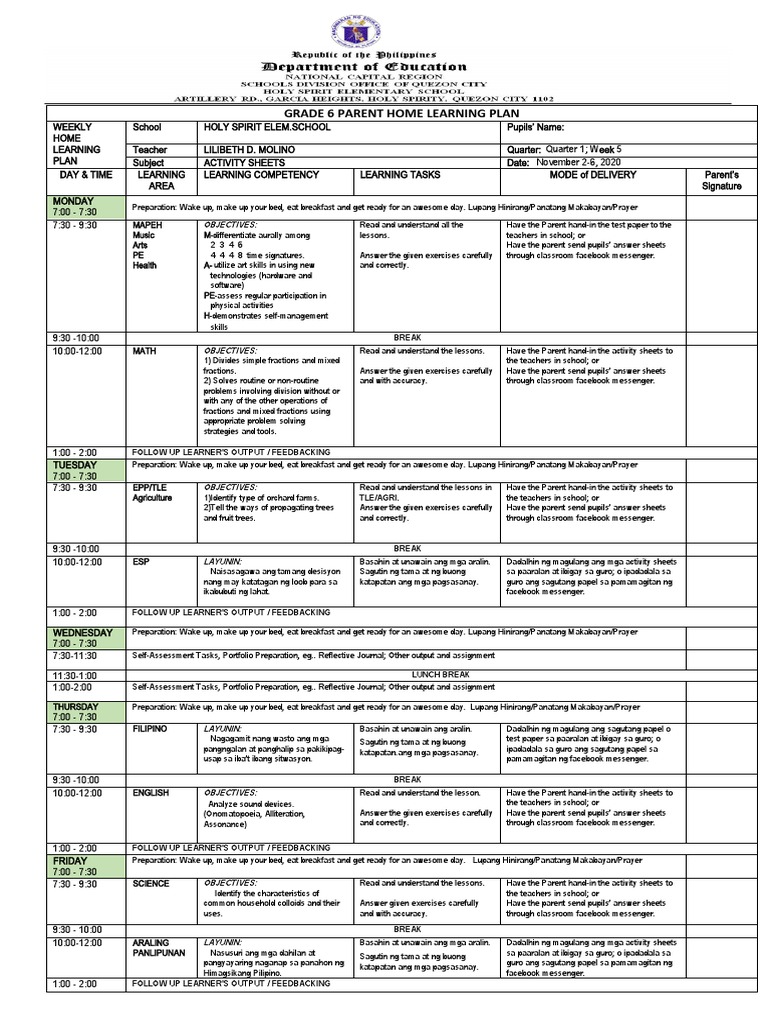 Grade 6 Parent Home Learning Plan | PDF | Teachers | Physical Education