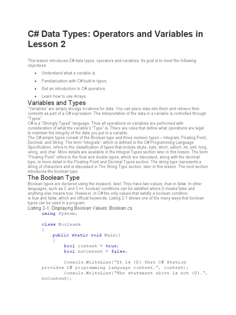 C#-Station - Lession 2 | PDF | Data Type | Array Data Structure