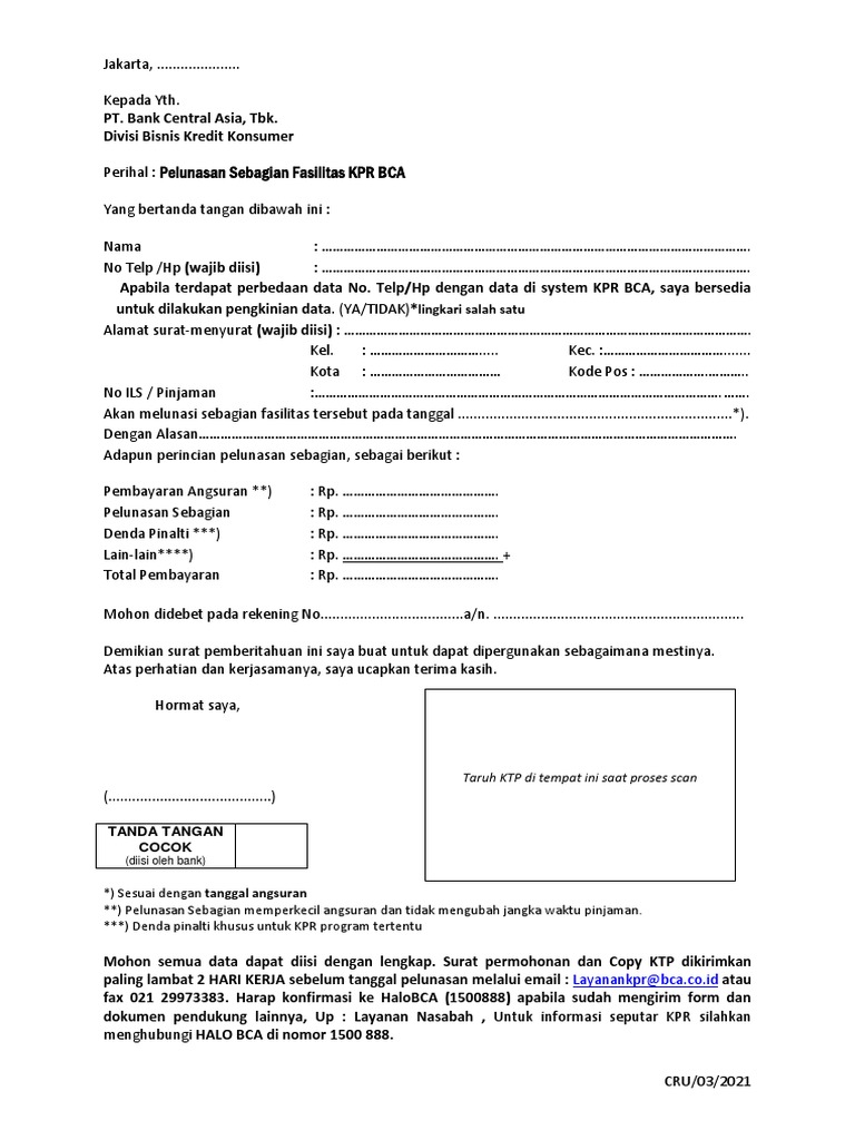 Formulir Permohonan Pelunasan Sebagian KPR BCA Layanan KPR PDF