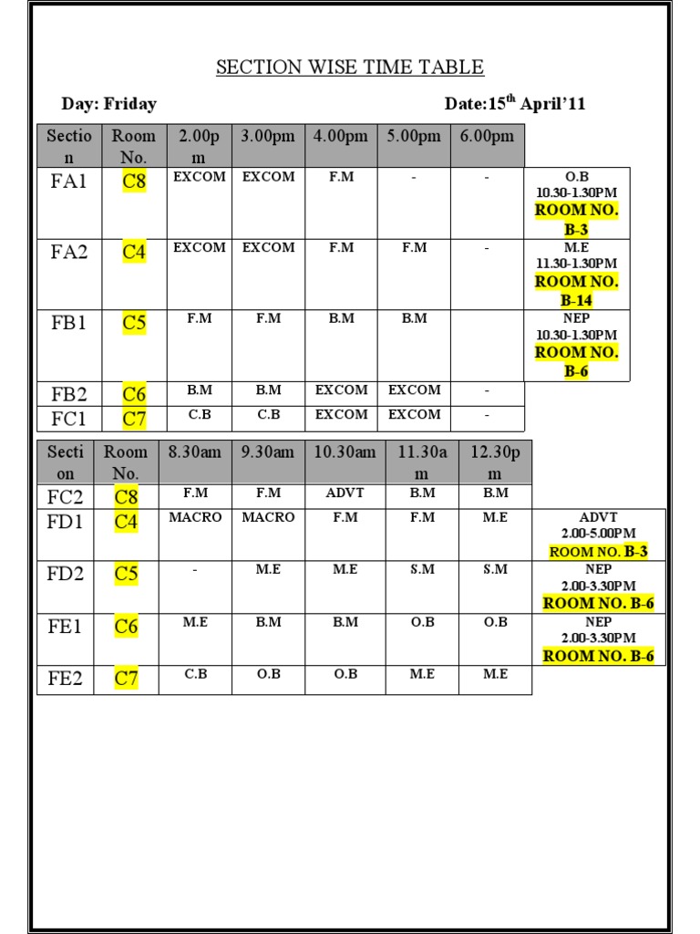 Friday Section Wise Time Table | PDF