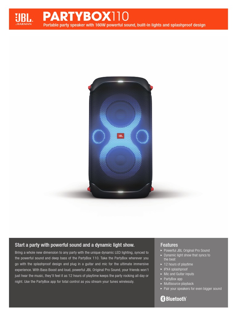 JBL Partybox 110  Portable party speaker with 160W powerful sound,  built-in lights and splashproof design.