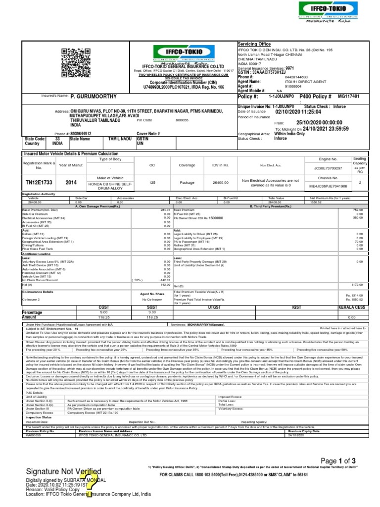 Iffco Tokio Insurance For Bike 2020 21 PDF Indemnity Insurance