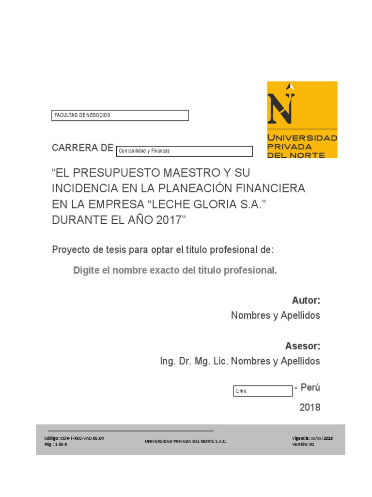 Proyecto de Tesis Upn | PDF | Presupuesto | Leche