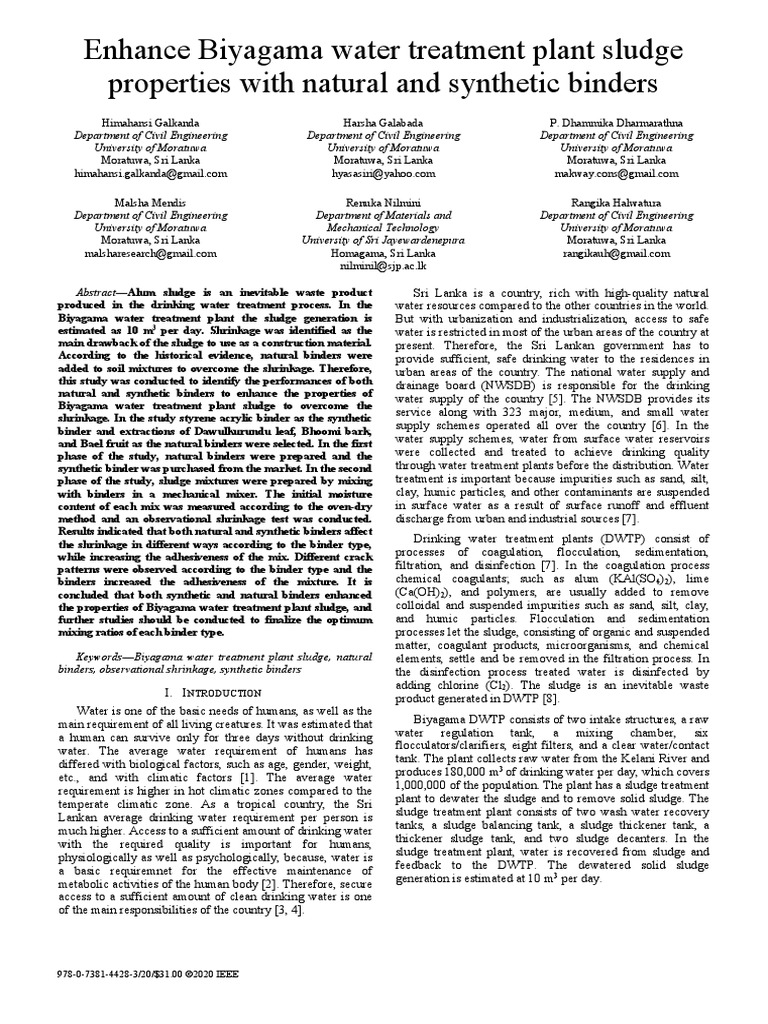 Enhance Biyagama Water Treatment Plant Sludge Properties With Natural