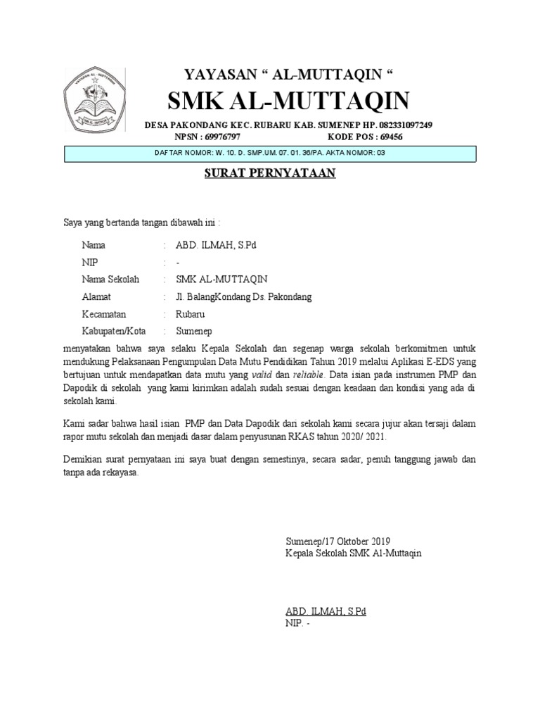 Surat Pernyataan Sekolah | PDF