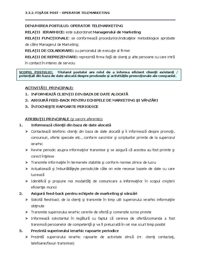 3.3.2. Fisa de Post - Operator Telemarketing | PDF