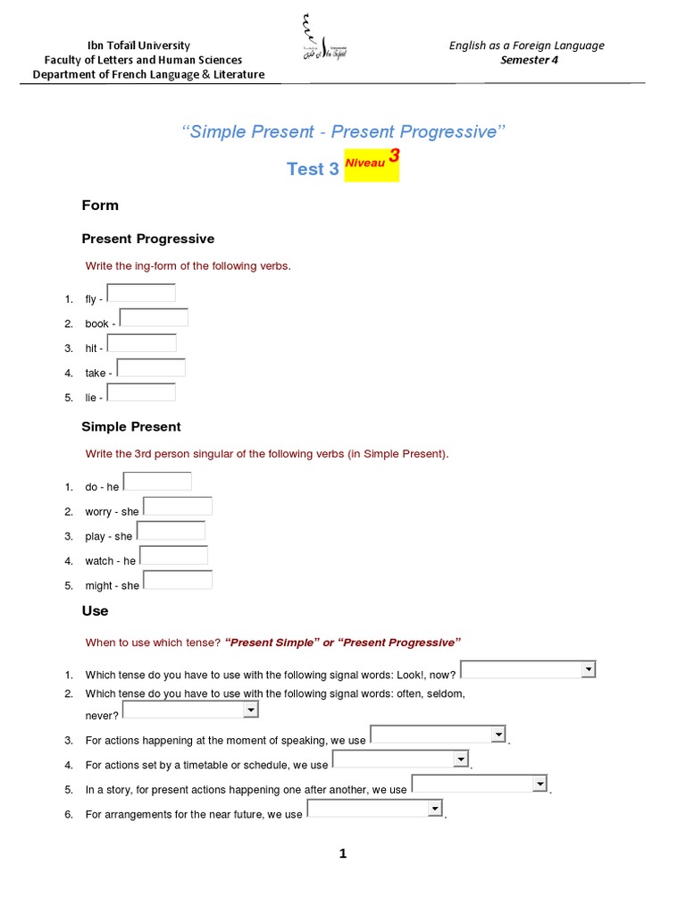 Simple Present vs Present Progressive Test | PDF | Grammatical Tense ...
