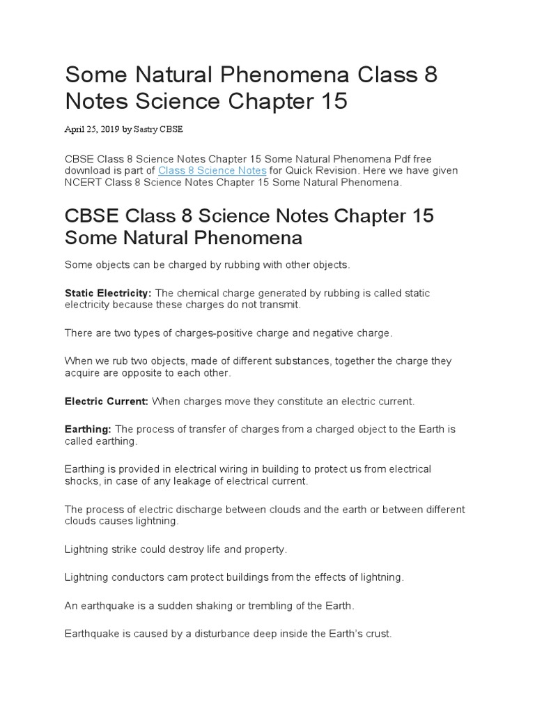 Some Natural Phenomena Class 8 Notes Science Chapter 15 PDF