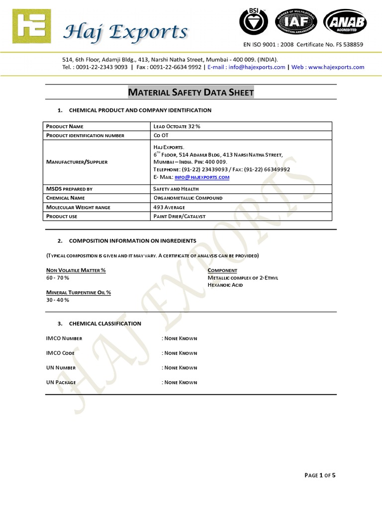 MSDS Lead Octoate 32 PDF Waste Management Personal Protective