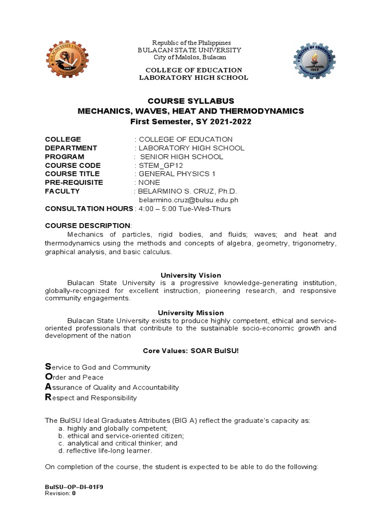 General Physics 1 Syllabus for SHS | PDF | Acceleration | Velocity
