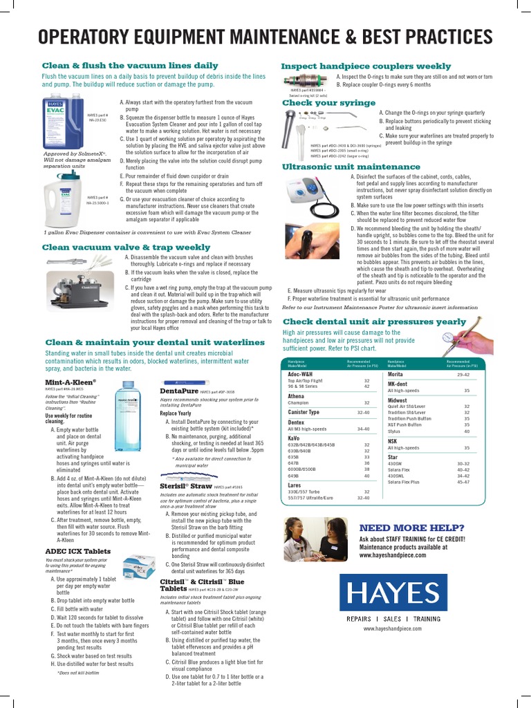 Operatory Equipment Maintenance | PDF | Pump | Vacuum